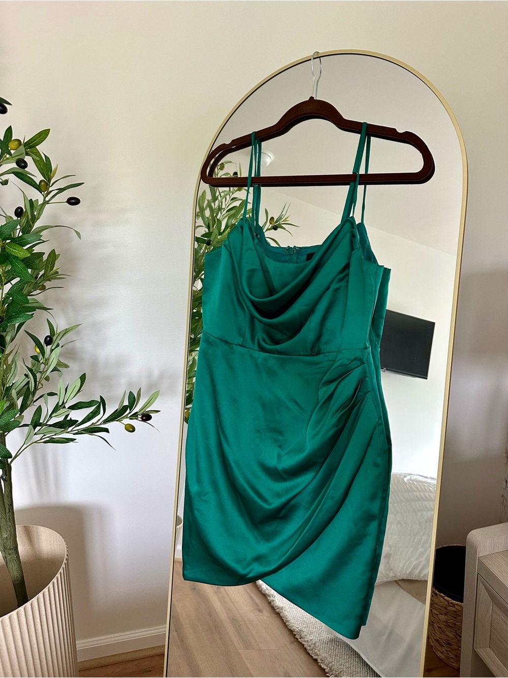 Lulu's Teal Satin Cowl Neck Mini Dress